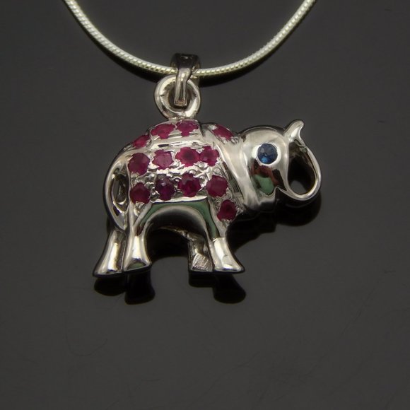 Genuine Ruby and Sapphire Lucky Elephant Necklace in 925 Sterling Silver - Picture 1 of 5